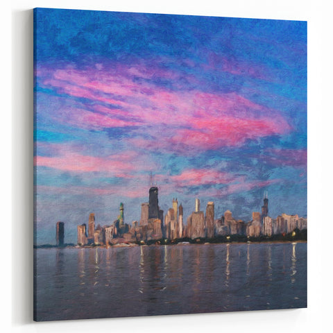 Chicago Wall Art Prints - Skyline with Vibrant Sunset and Reflection