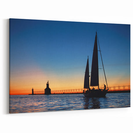Lake Michigan Wall Art - Sunset Sailboat and Lighthouse Photography