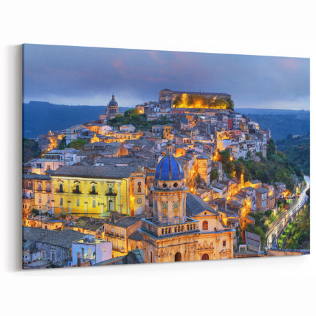 Italian Scenery Prints - Illuminated Sicilian Town at Dusk