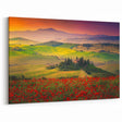 Tuscan Countryside Canvas – Poppy Fields and Rolling Hills at Sunset Print