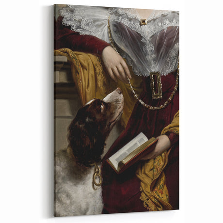 Vintage Dark Academia Wall Art - Woman with Dog and Open Book Decor