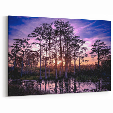Louisiana Swamp Paintings - Vibrant Sunset Over Cypress Trees and Bayou