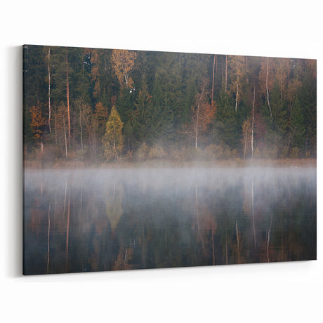Latvia Scenery Prints - Misty Forest Reflections on a Calm Lake