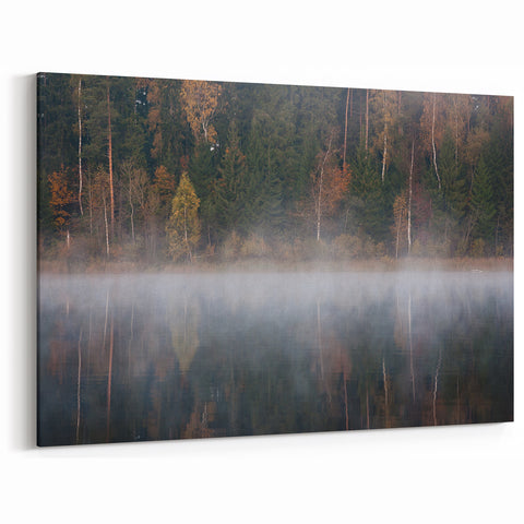 Latvia Scenery Prints - Misty Forest Reflections on a Calm Lake