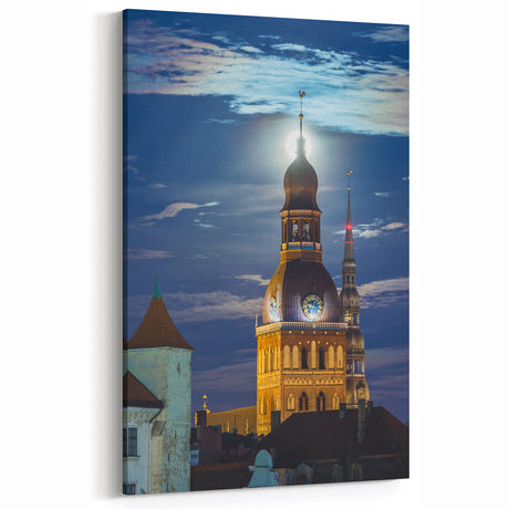 Riga Cityscape Art - Full Moon Over Iconic Cathedral at Night