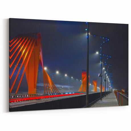 Riga Cityscape Art - Illuminated Bridge at Night with Vibrant Colors