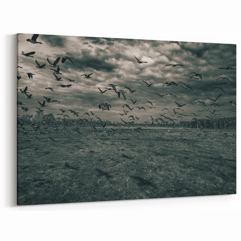 Latvian Landscape Art - Flock of Birds Flying Over Dramatic Sky