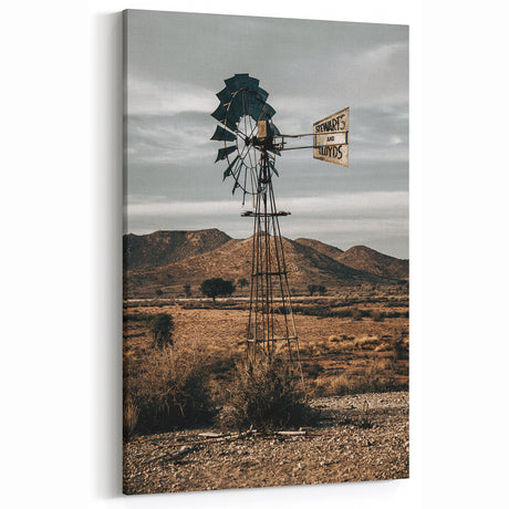 Vintage Windmill in Desert Landscape – Rustic Farmhouse Wall Art Decor