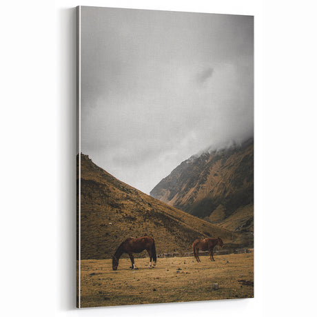 Mountain Grazing Horses, Rustic Landscape Wall Art Print