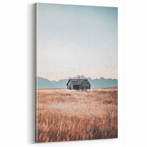 Farmhouse Wall Art of Abandoned Cabin with Birds – Rustic Country Decor