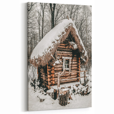 Snow-Covered Cabin Wall Art | Rustic Winter Farmhouse Style Decor