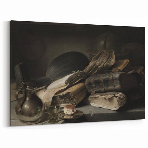 Dark Academia Wall Art – Still Life with Books, Helmet, and Jug