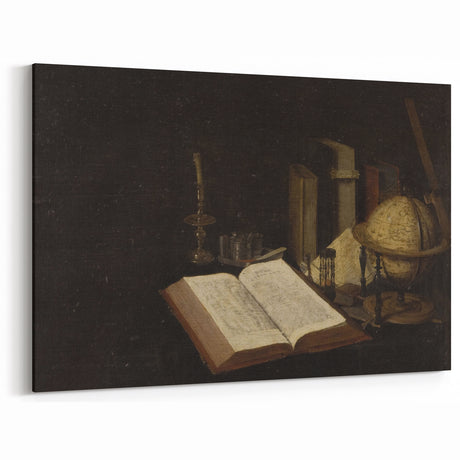 Dark Academia Wall Art – Still Life with Open Book, Globe, and Candle