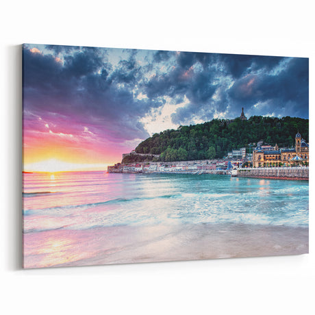 Mediterranean Sunset Wall Art - Scenic Coastal Town at Dusk Canvas
