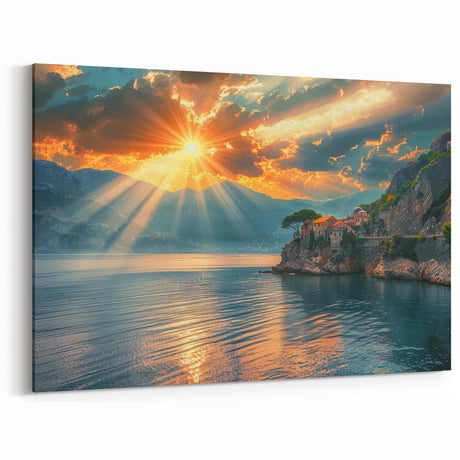 Mediterranean Coast Canvas - Sunrays Over Cliffside Village at Sunset Art
