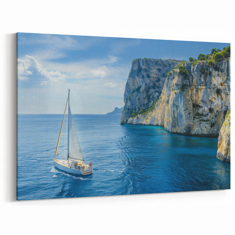 Mediterranean Sea Wall Art - Sailboat on Blue Waters by Majestic Cliffs