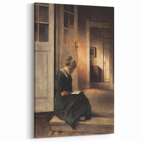 Dark Academia Wall Art: Woman Reading in Shadowy Interior, Vintage Print