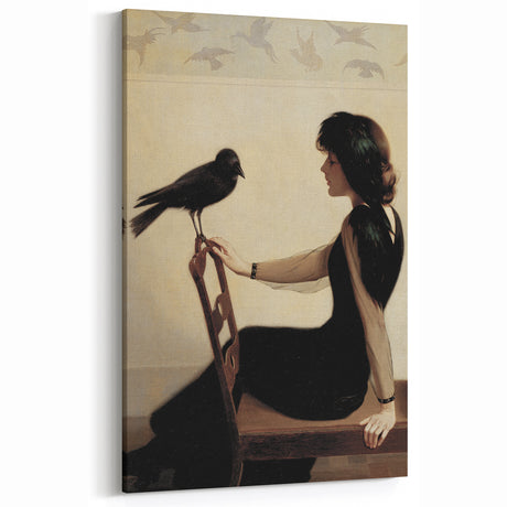Dark Academia Wall Art: Woman with Raven in Silence, Gothic Print