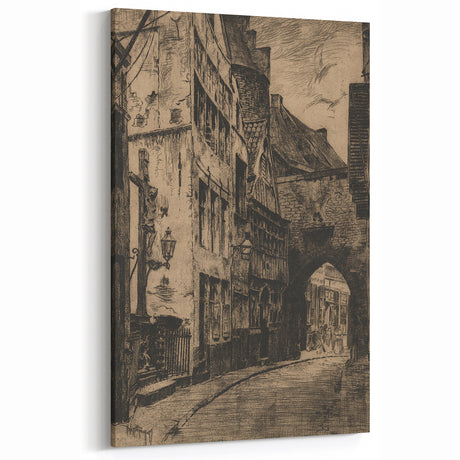 Gothic Wall Art: Medieval Street Scene in Vintage Architecture Print