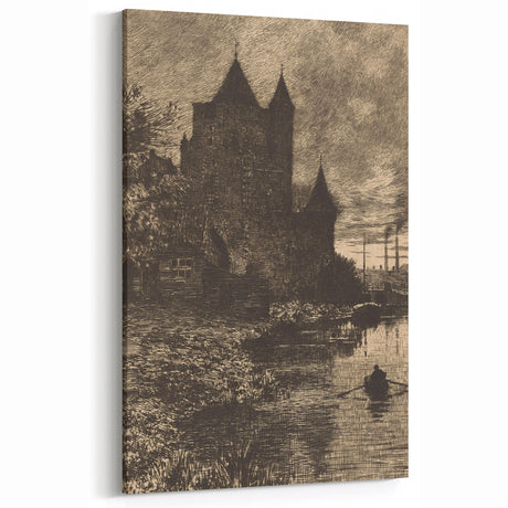 Gothic Wall Art – Vintage Gothic Castle by the River in Dark Decor Style