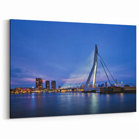 Netherlands Travel Poster - Rotterdam Cityscape and Erasmus Bridge at Night