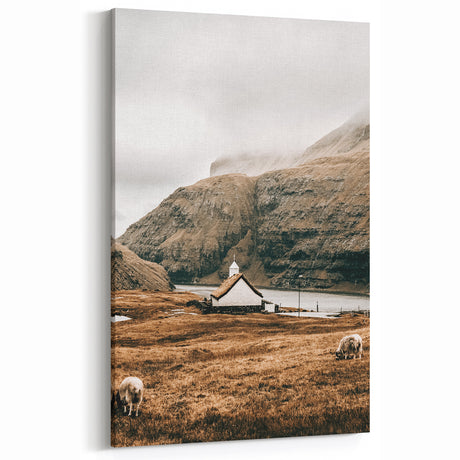 Farmhouse Wall Art – Tranquil Church in Rustic Mountain Scenery