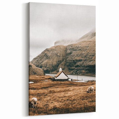 Farmhouse Wall Art – Tranquil Church in Rustic Mountain Scenery