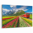Netherlands Travel Poster - Scenic Tulip Fields and Red Train