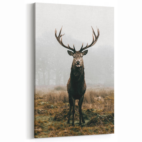 Farmhouse Wall Art – Majestic Stag in Misty Landscape for Rustic Homes
