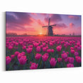 Tulip Field Artwork - Pink Tulips and Dutch Windmill at Sunset