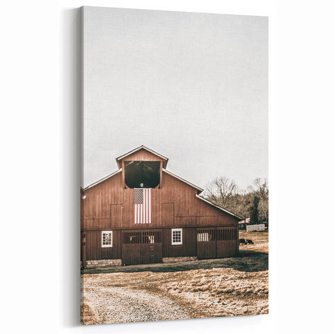 Farmhouse Wall Art: Red Barn with American Flag, Rustic Country Decor