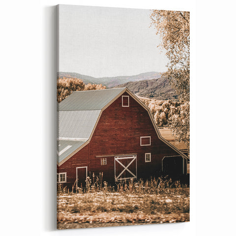Farmhouse Wall Art: Classic Red Barn in Scenic Valley, Rustic Country Decor