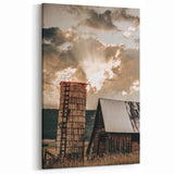 Vintage Farmhouse Print - Rustic Barn with Sunlit Clouds and Silo