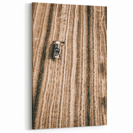 Farmhouse Wall Art - Aerial View of Rustic Wheat Field with Harvester