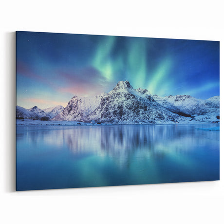 Northern Lights Norway Art - Snowy Mountain Reflections and Aurora