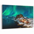 Northern Lights Norway Art - Snowy Village and Red Cabins Under Aurora