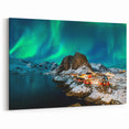 Northern Lights Norway Art - Snowy Village and Red Cabins Under Aurora
