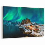 Northern Lights Norway Art - Snowy Village and Red Cabins Under Aurora