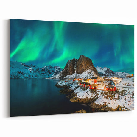 Northern Lights Norway Art - Snowy Village and Red Cabins Under Aurora
