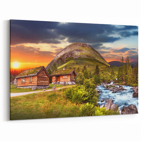 Scenic Norway Wall Decor - Rustic Cabins, River, and Mountain Sunset