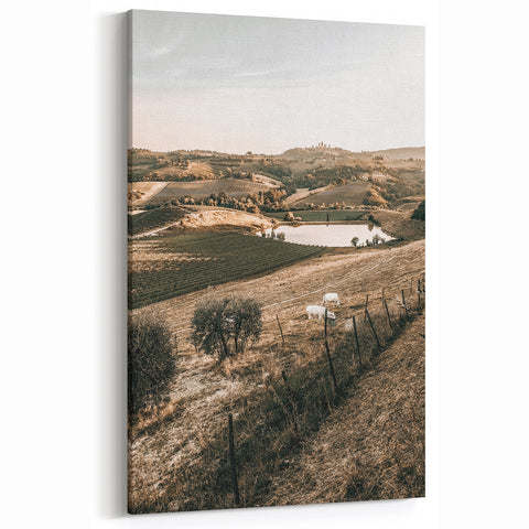 Farmhouse Wall Art – Scenic Countryside Hills and Grazing Cows Print