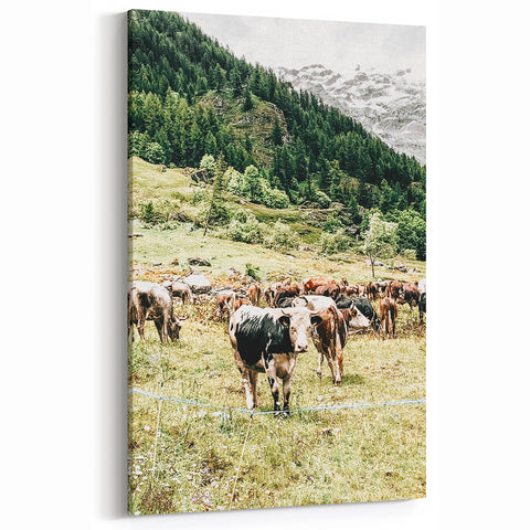 Farmhouse Wall Art – Mountain Valley with Grazing Cows Print for Rustic Decor