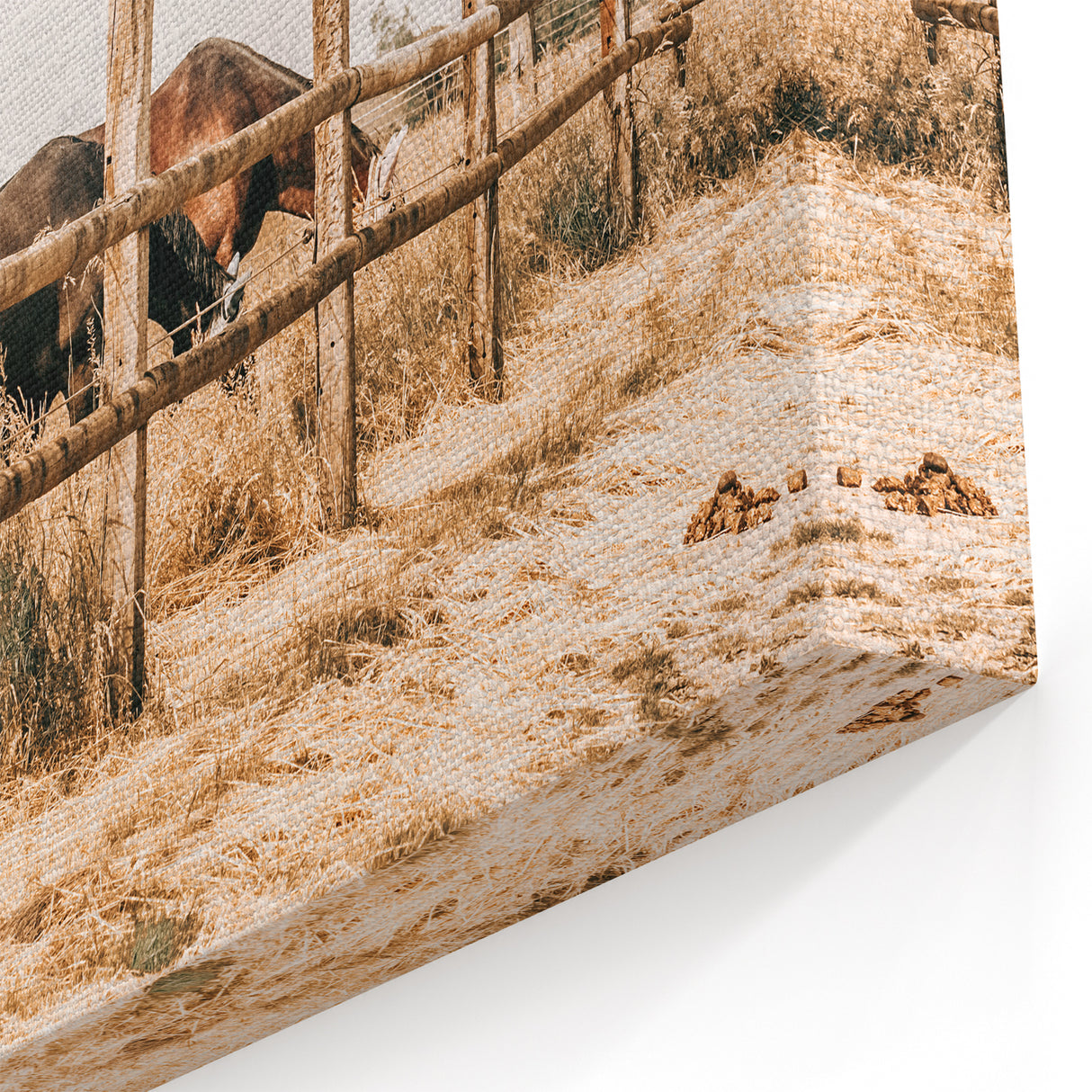 Farmhouse Wall Art – Grazing Horses Behind Rustic Fence for Country Decor