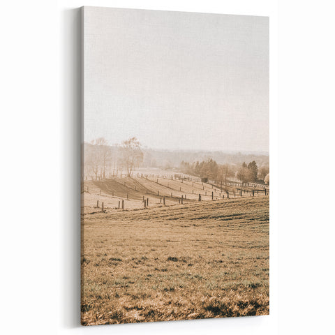 Farmhouse Wall Art – Misty Morning Fields Print for Rustic Country Decor