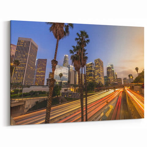 Downtown LA Cityscape - Twilight Skyscrapers and Freeway Light Trails