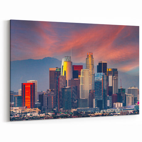 Downtown LA Sunset Skyline - Vibrant Skyscrapers Against Dramatic Sky