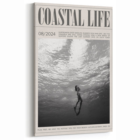 Monochrome Underwater Diver Coastal Wall Art - Magazine Style Print