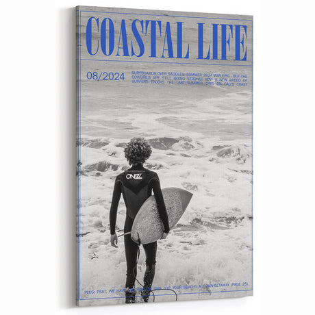 Black and White Surfer Coastal Wall Art - Magazine Style Ocean Print