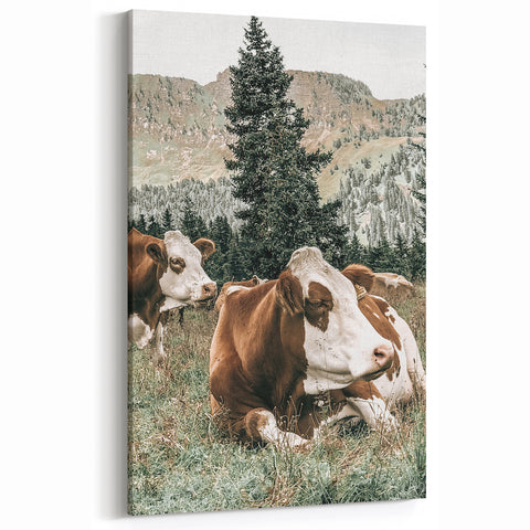 Farmhouse Wall Art: Cows Resting in Mountain Meadow Country Décor