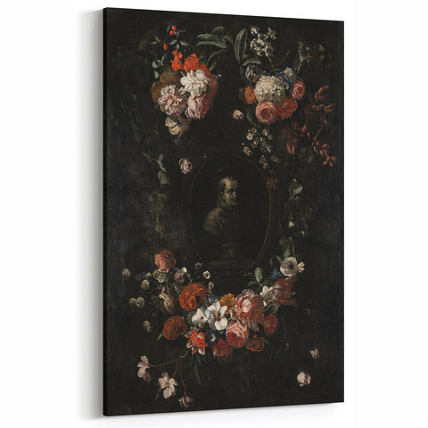 Dark Floral Wreath Art: Portrait Surrounding Flowers Wall Art Decor